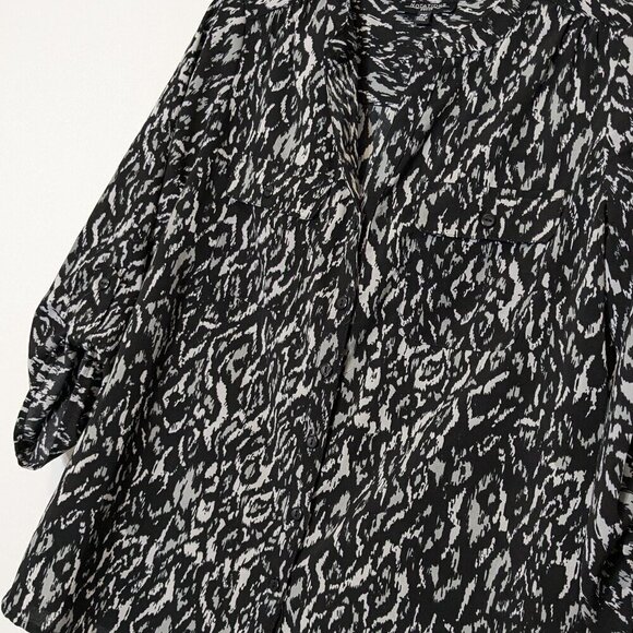 NOTATIONS Black, Gray Casual Button Blouse; Roll-Tab Sleeves; Size PM - Picture 2 of 5